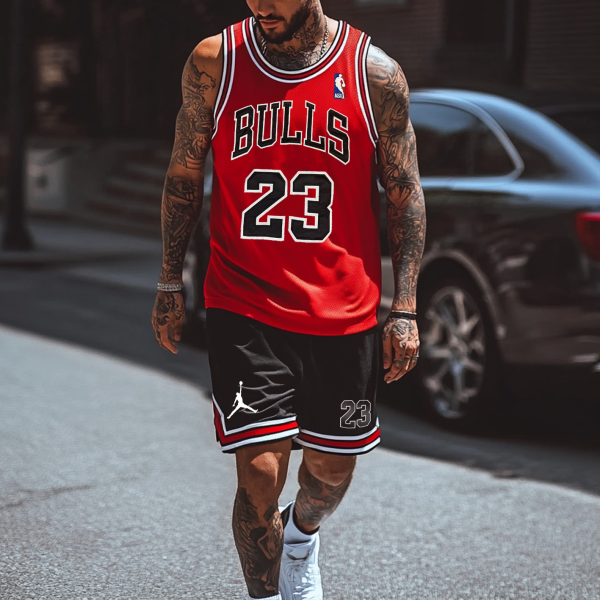 Unisex Basketball Print Inspired Athletic Red Stripes Tank Top and Black Stripes Shorts Set