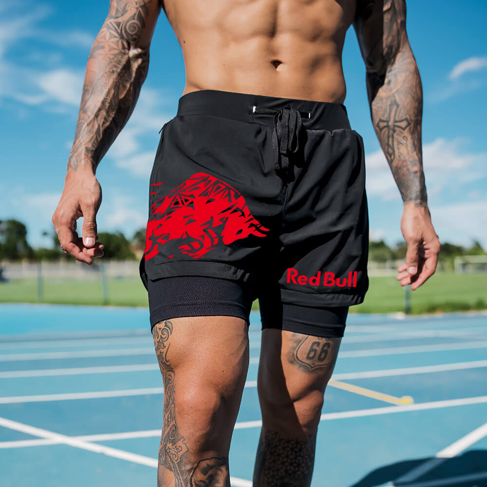 Men's Racing Logo Print Double Layer Sports Shorts