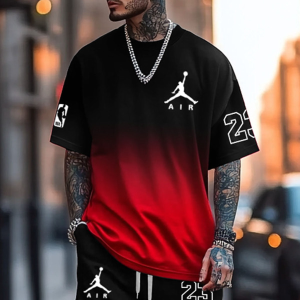 Unisex Black Red Gradient Basketball Print Oversized Streetwear Short-Sleeved T-shirt and Sweatpants Set