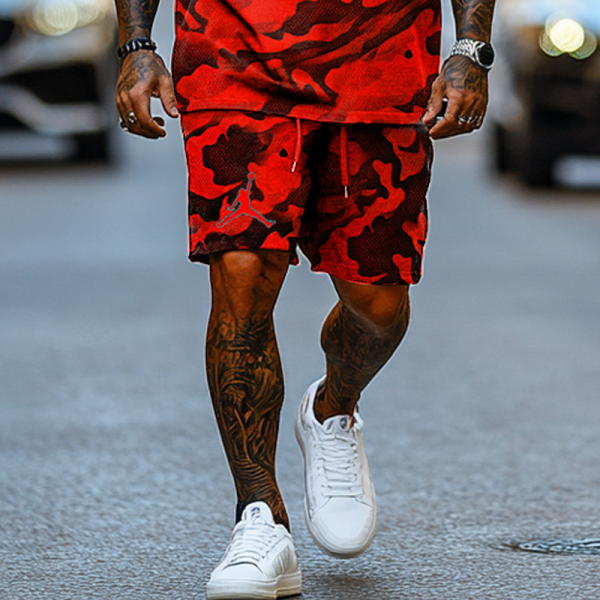 Unisex Basketball Red Camouflage Print Oversize T-shirt and Shorts Set