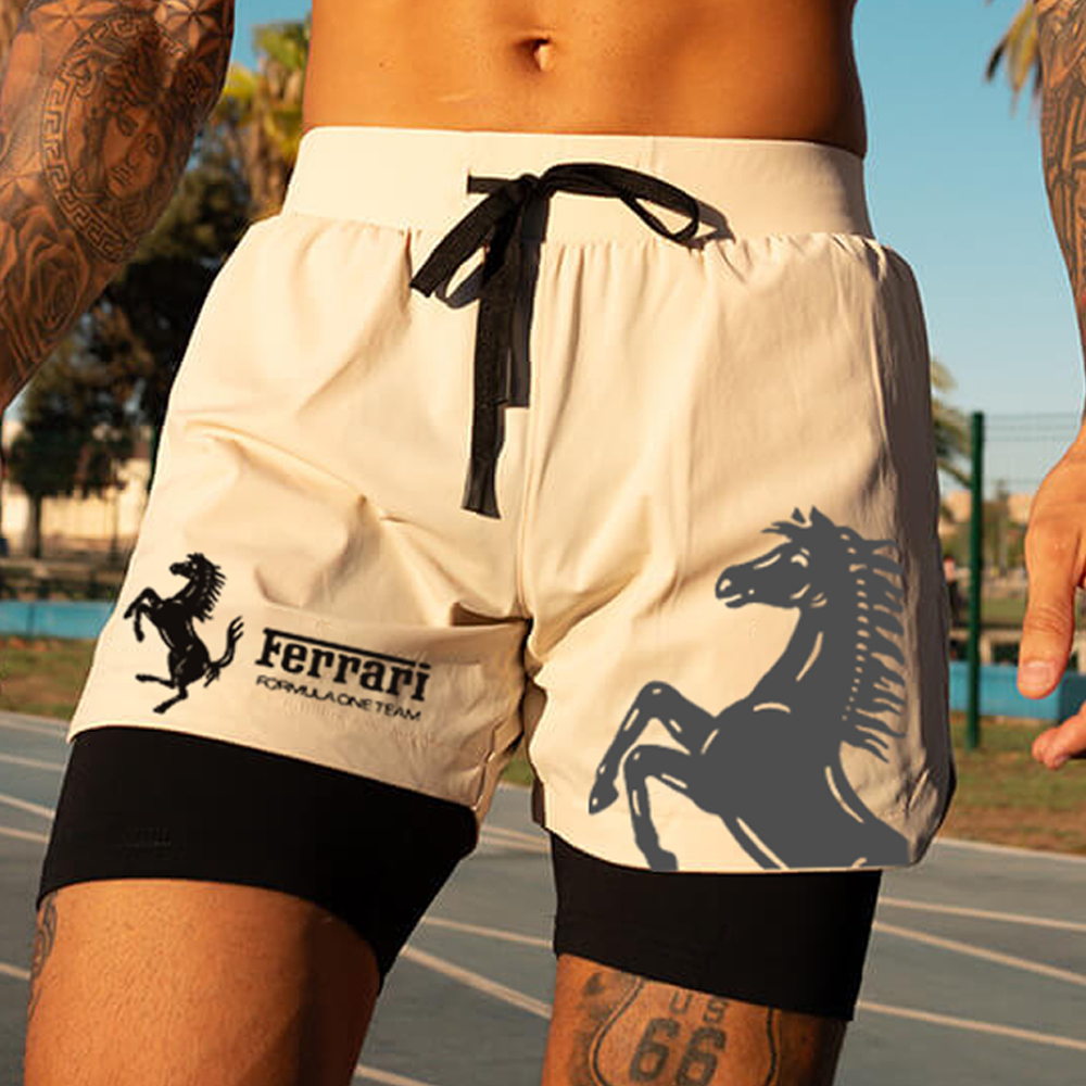 Men's Racing Logo Print Double Layer Sports Shorts
