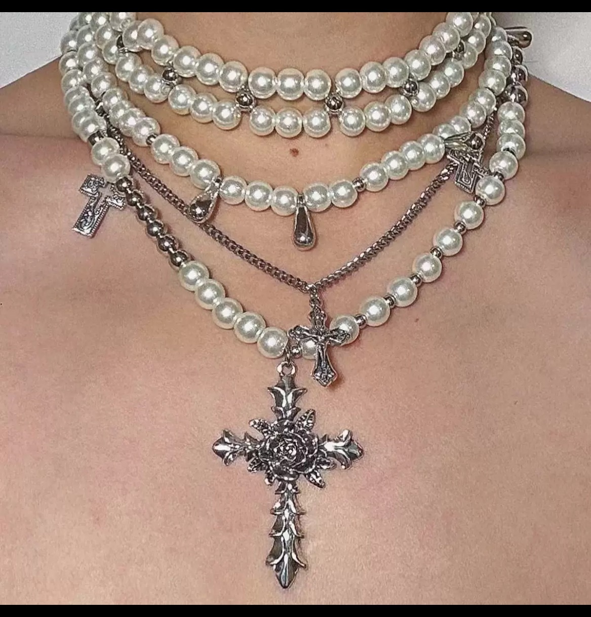 Layered Pearl and Cross Necklace