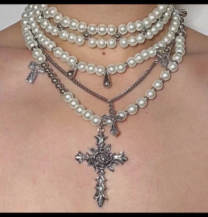 Layered Pearl and Cross Necklace