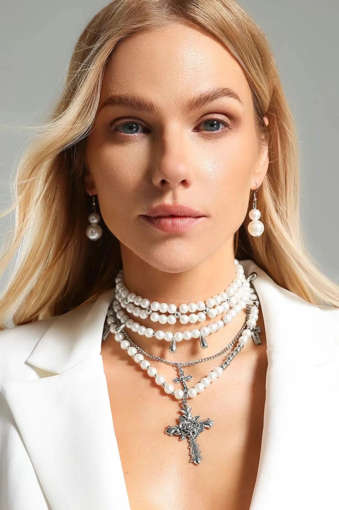 Layered Pearl and Cross Necklace