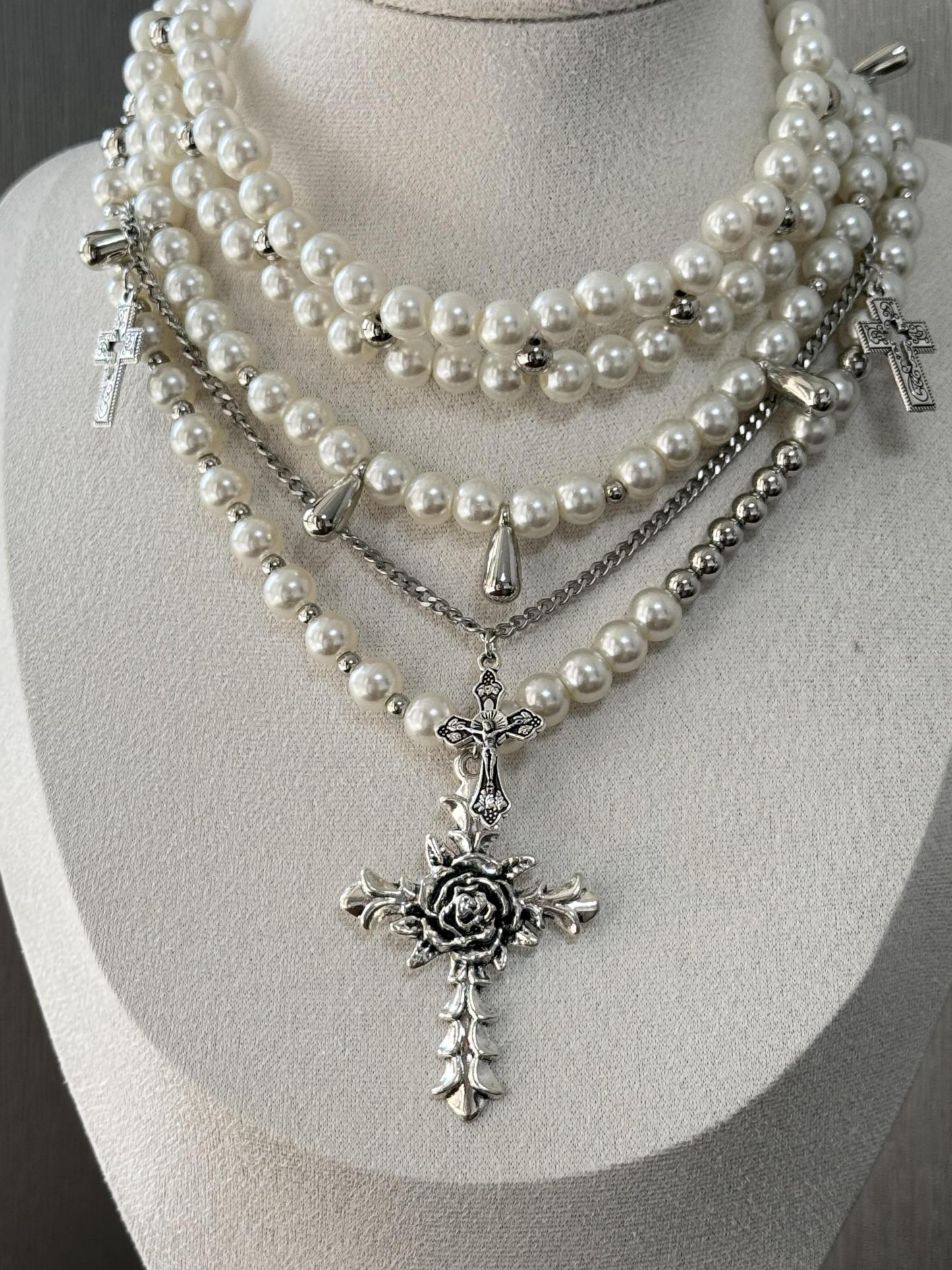 Layered Pearl and Cross Necklace