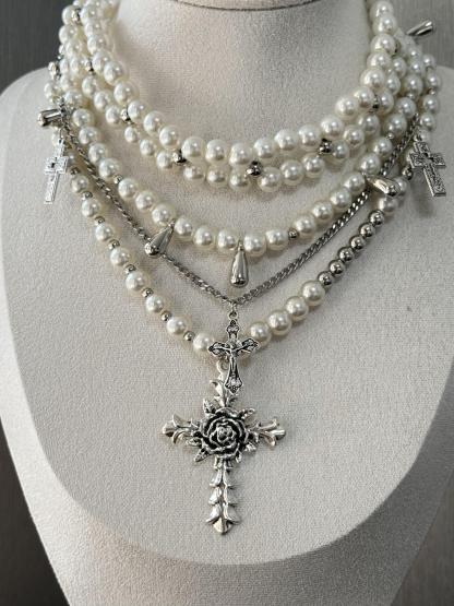 Layered Pearl and Cross Necklace