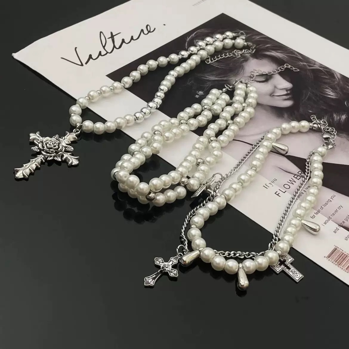 Layered Pearl and Cross Necklace