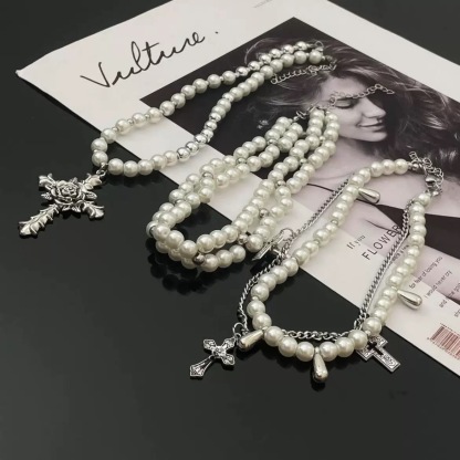 Layered Pearl and Cross Necklace