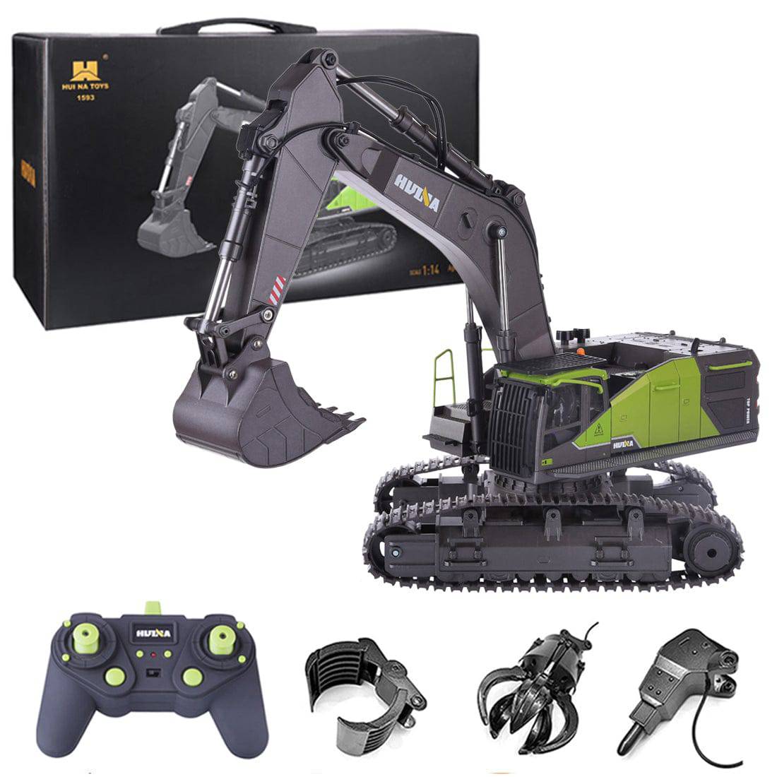 HelloWorld7-Huina 4-in-1 1/14 Scale 22CH RC Excavator with Metal Attachments RTR Construction Vehicle-helloworld7