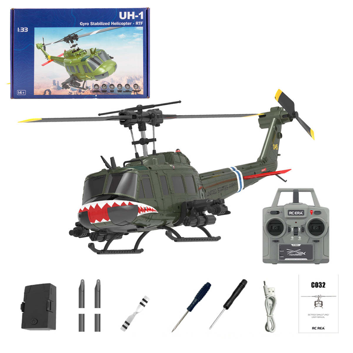 HelloWorld7-RC ERA C032 UH-1 Huey RTF 2.4G 6CH Flybarless 1/48 RC Helicopter Model for Beginner