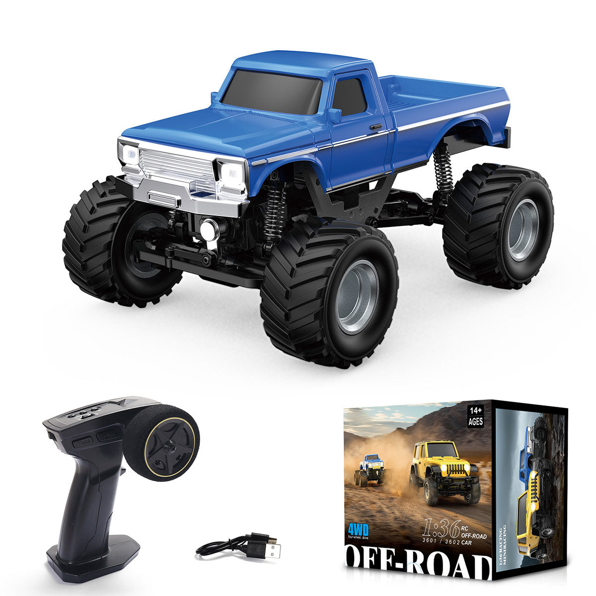 1/36 Scale Mini RC Monster Truck RTR Full Proportional 4WD Off-Road Desktop Crawler Vehicle