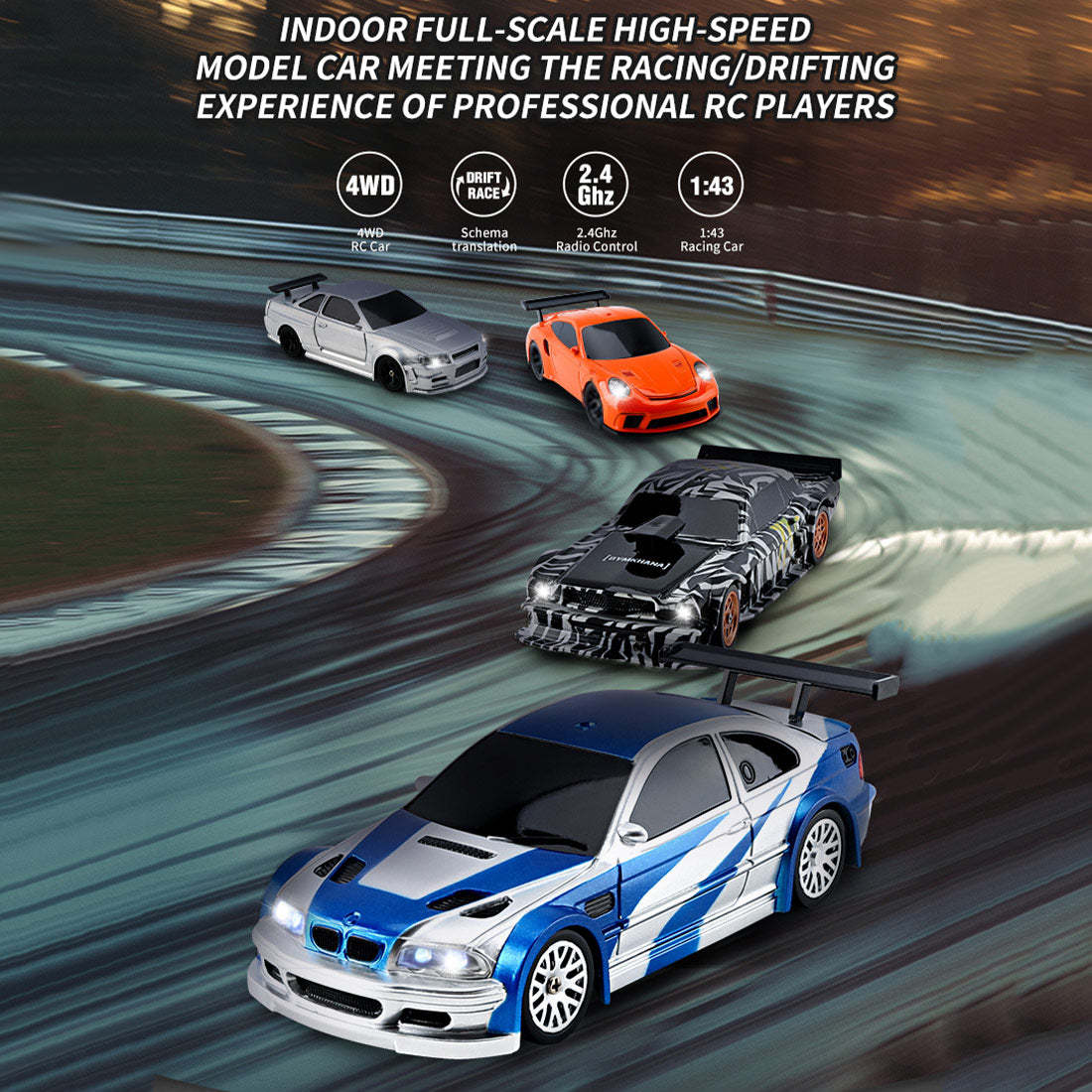 1/43 Scale 4WD 15km/h High Speed Mini RC Drift Racing Car RTR with LED Lights-helloworld7