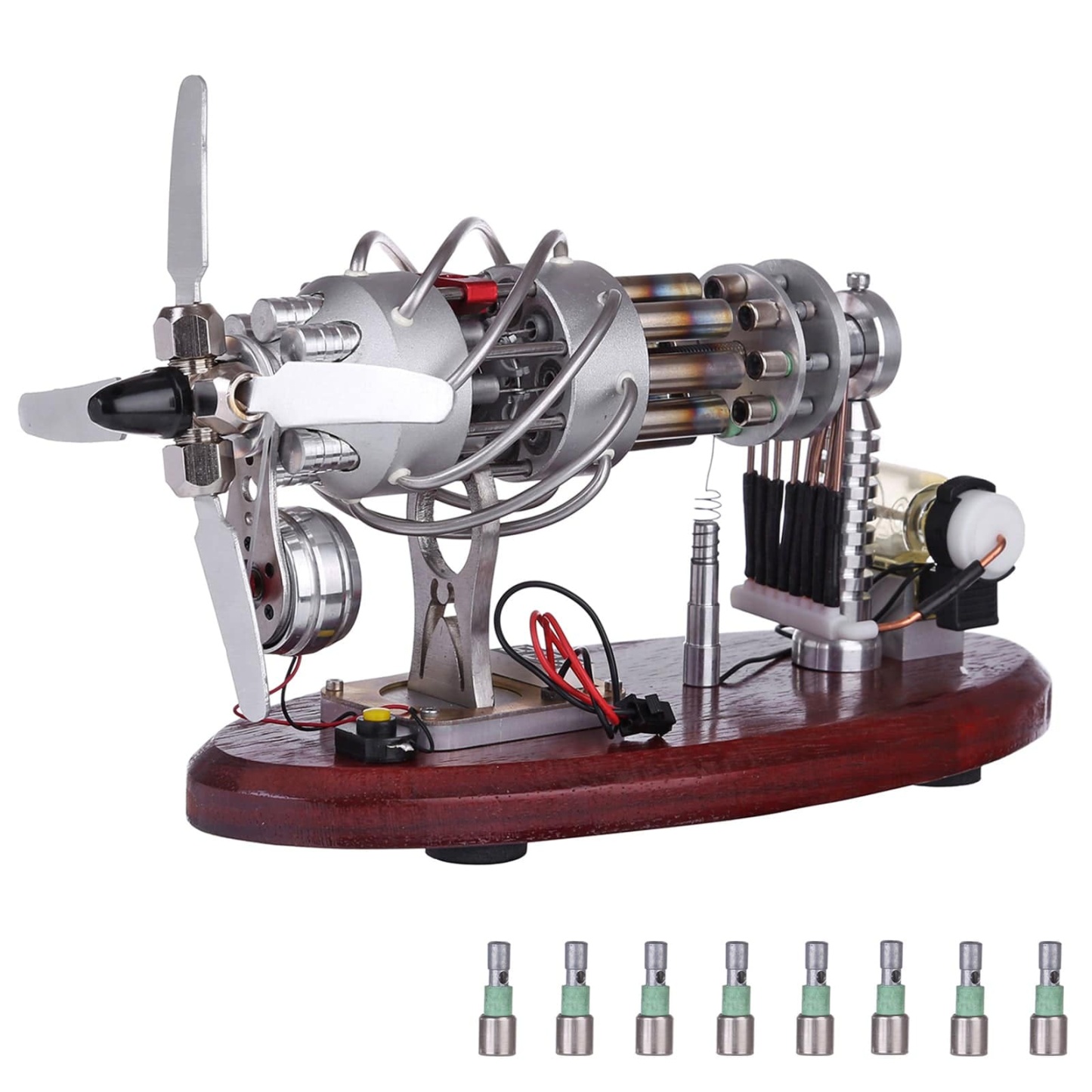 16 Cylinder Swash Plate Stirling Engine Generator Model Butane Powered with Digital Voltmeter