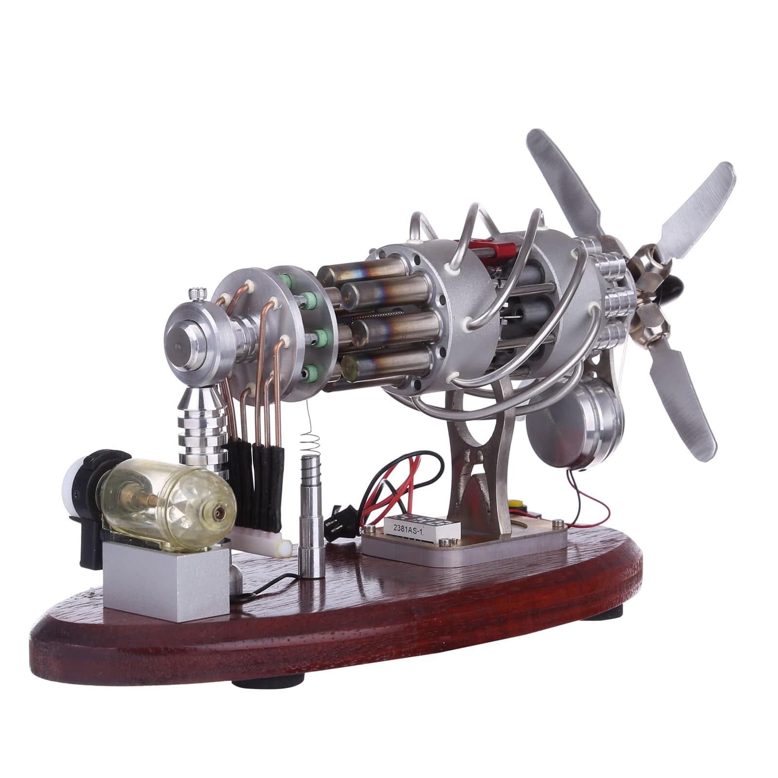 16 Cylinder Swash Plate Stirling Engine Generator Model Butane Powered with Digital Voltmeter