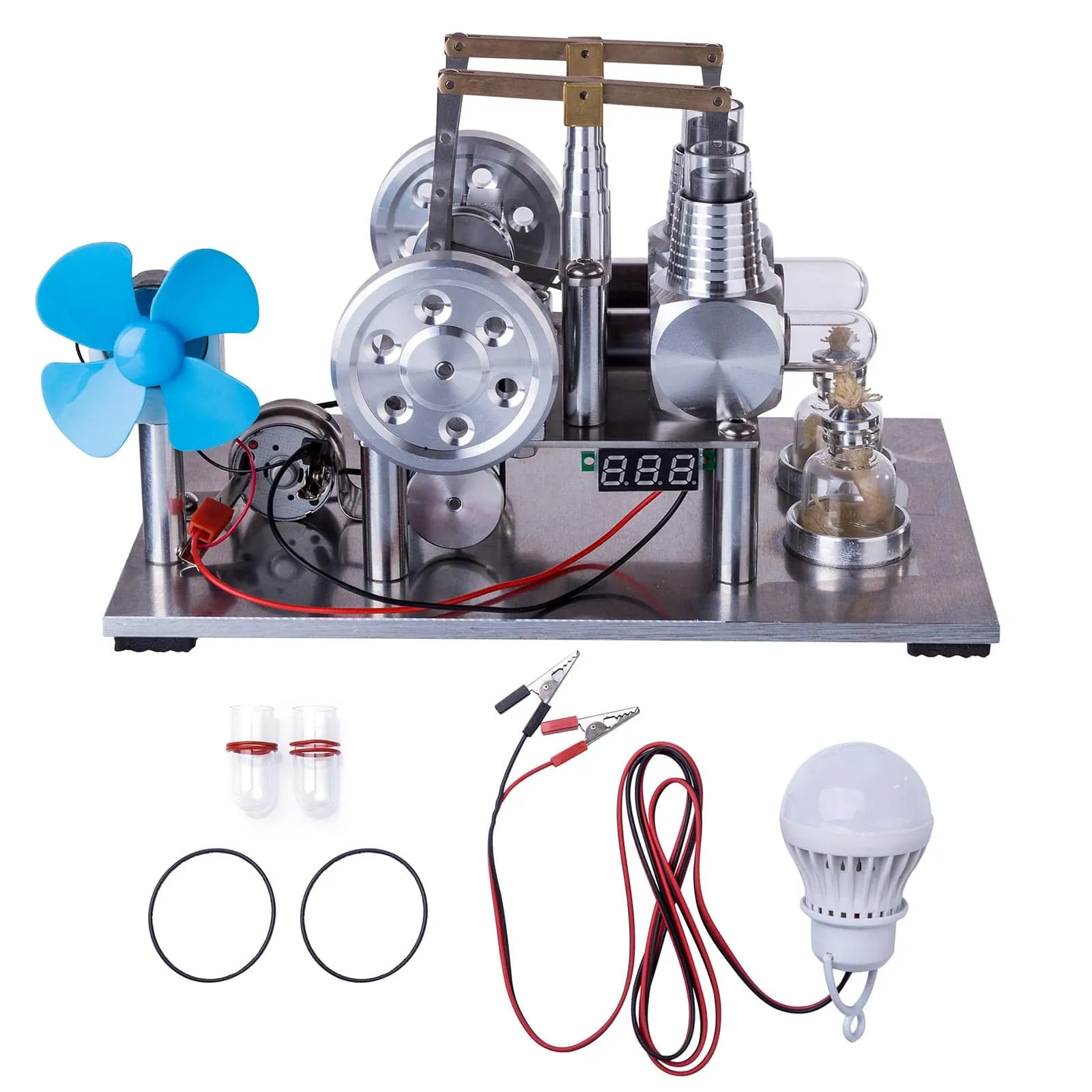 2 Cylinder Balance Stirling Engine Generator Model with Voltage Meter and Fan for Physics Enthusiasts