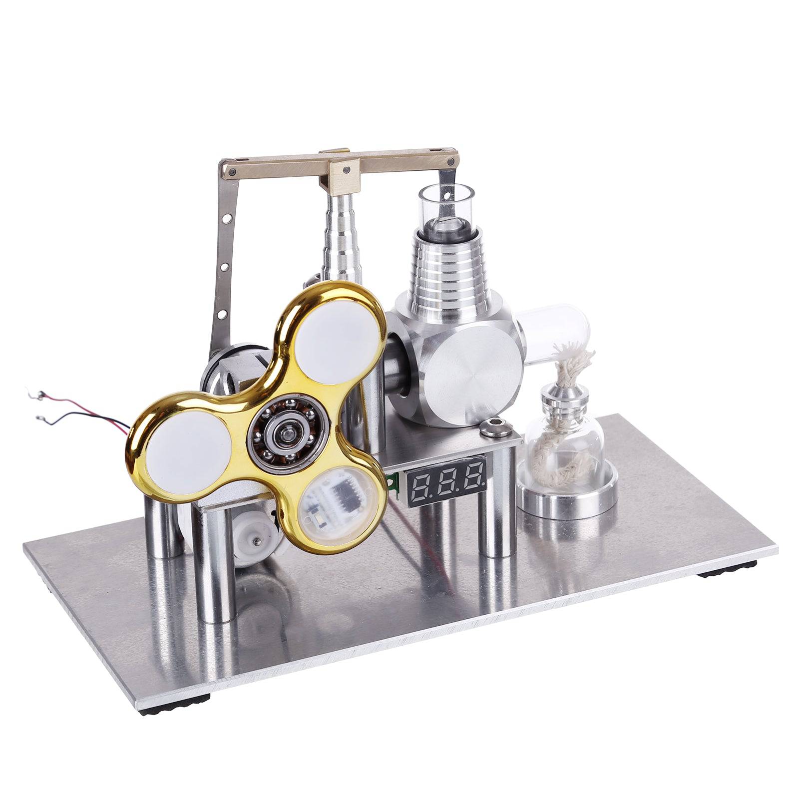 Balance Type Stirling Engine Generator Model with Luminous Gyroscope and Voltmeter
