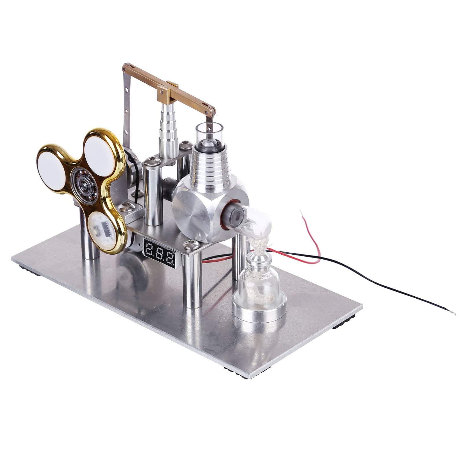 Balance Type Stirling Engine Generator Model with Luminous Gyroscope and Voltmeter