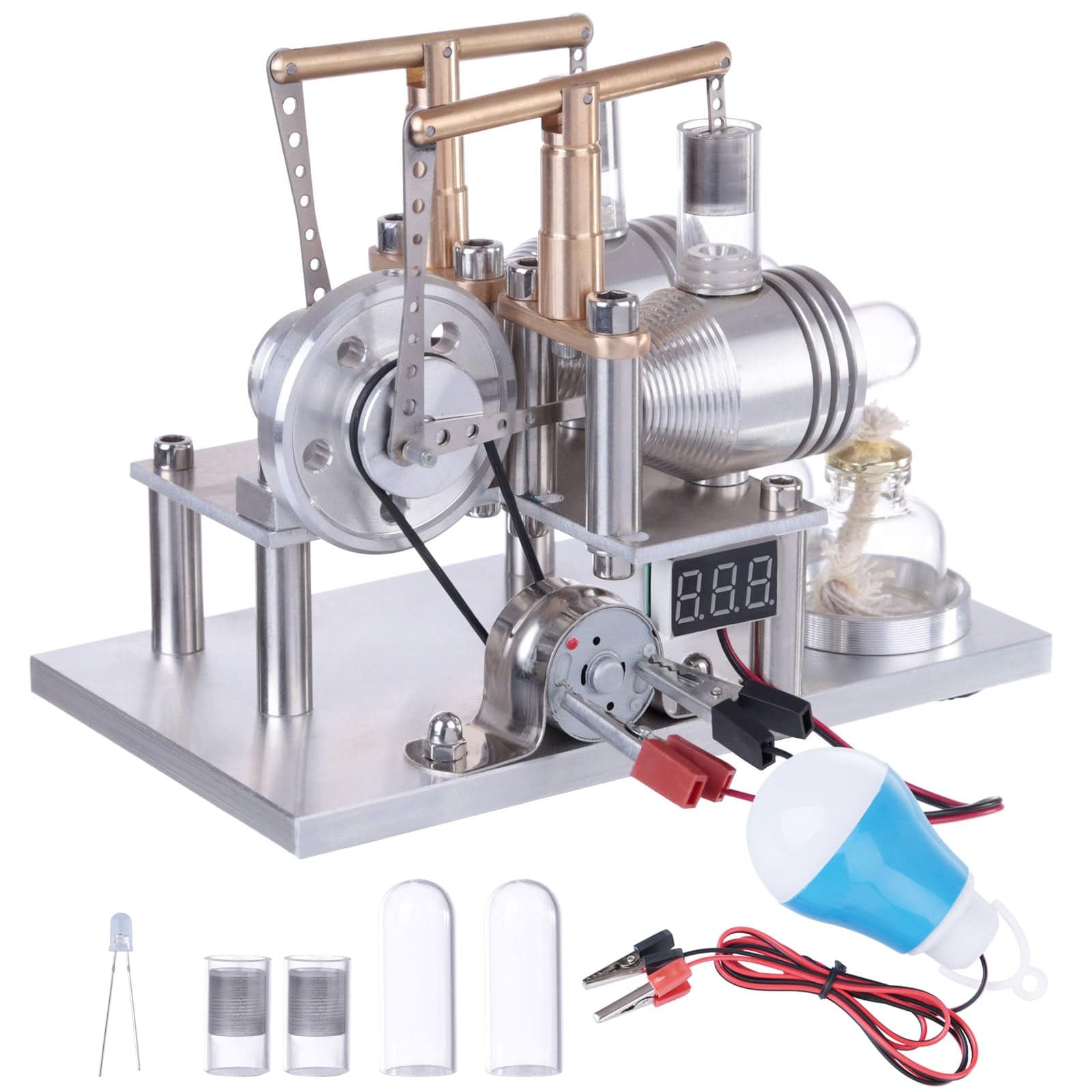 Custom Balance Type 2 Cylinder Stirling Engine Generator Model Metal Physics Toy with Voltmeter-helloworld7
