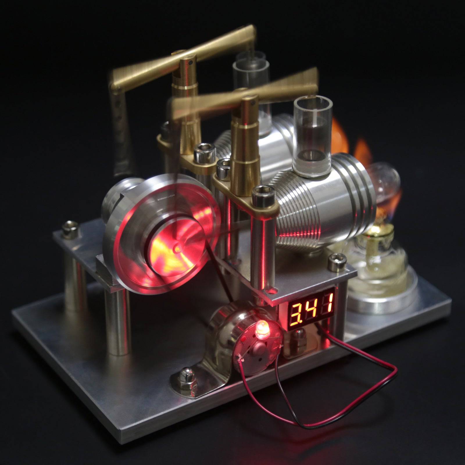 Custom Balance Type 2 Cylinder Stirling Engine Generator Model Metal Physics Toy with Voltmeter-helloworld7