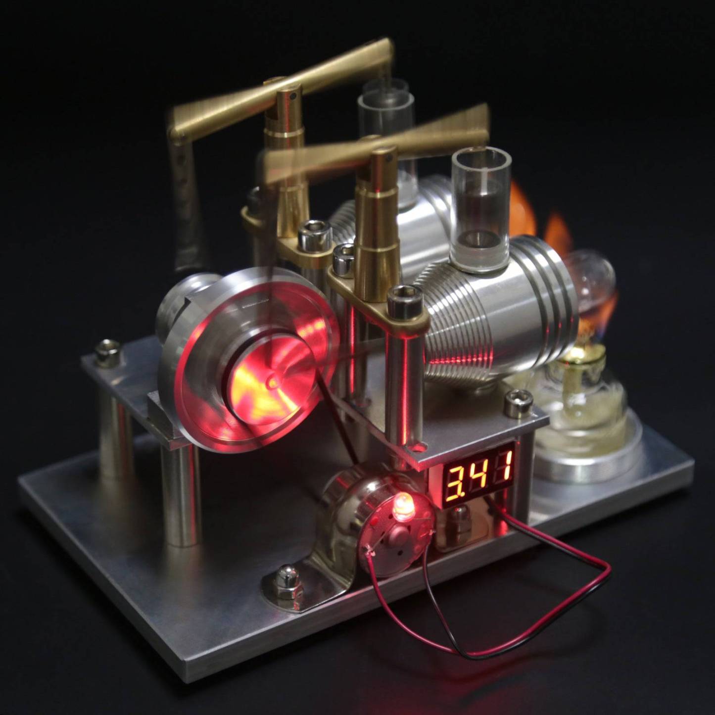 Custom Balance Type 2 Cylinder Stirling Engine Generator Model Metal Physics Toy with Voltmeter-helloworld7