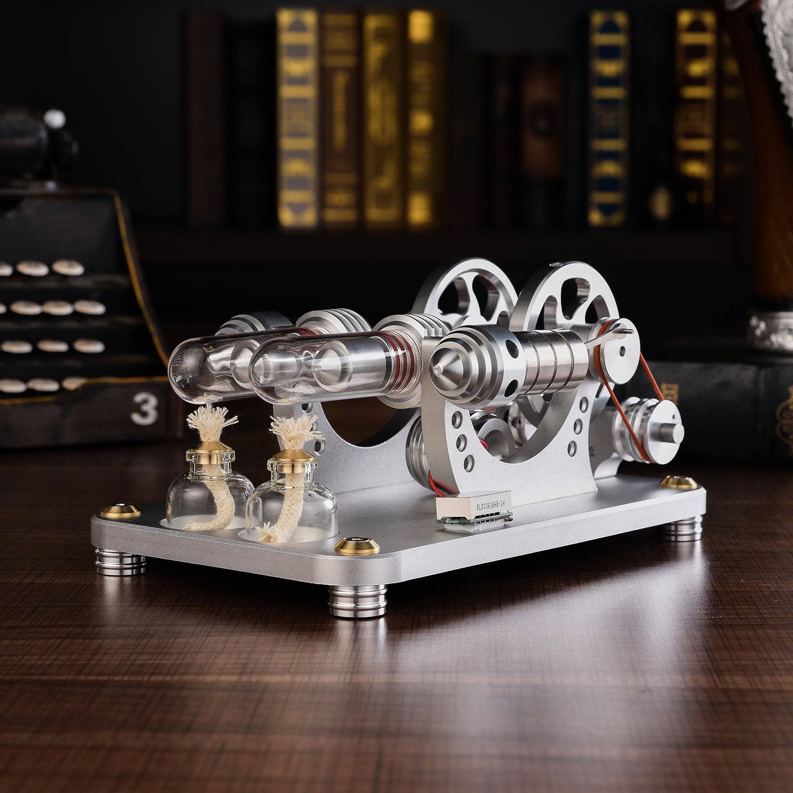 Custom Twin Cylinder Stirling Engine Generator Model with Digital Voltage Meter & LED