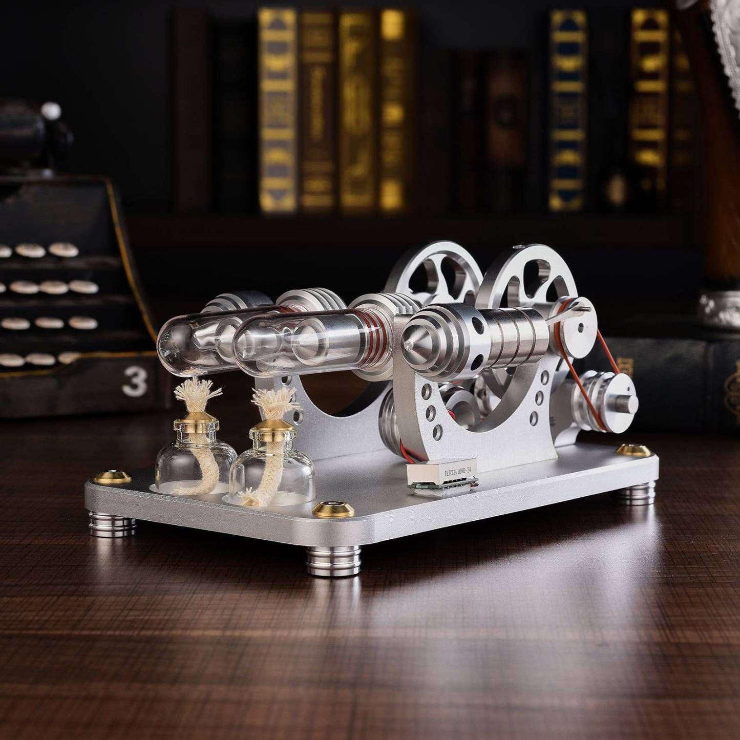 Custom Twin Cylinder Stirling Engine Generator Model with Digital Voltage Meter & LED