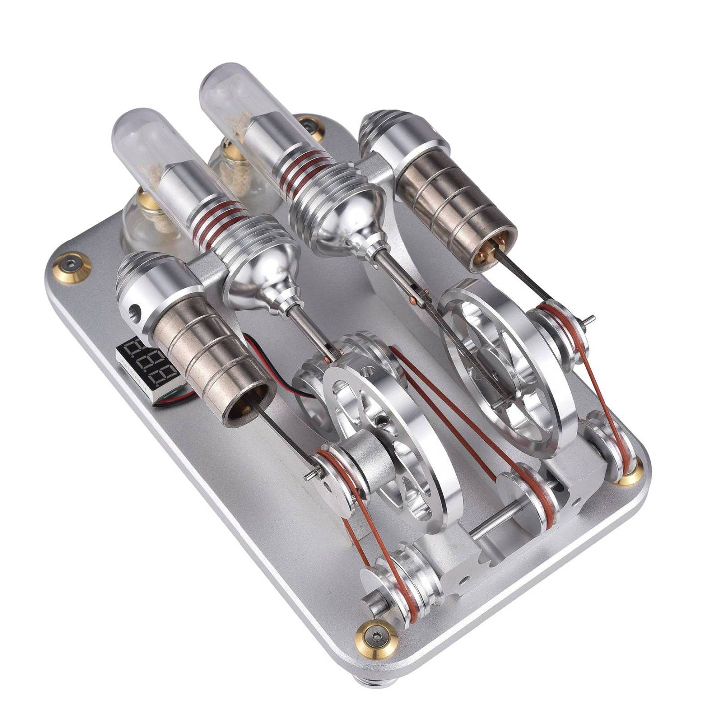 Custom Twin Cylinder Stirling Engine Generator Model with Digital Voltage Meter & LED