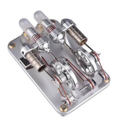 Custom Twin Cylinder Stirling Engine Generator Model with Digital Voltage Meter & LED
