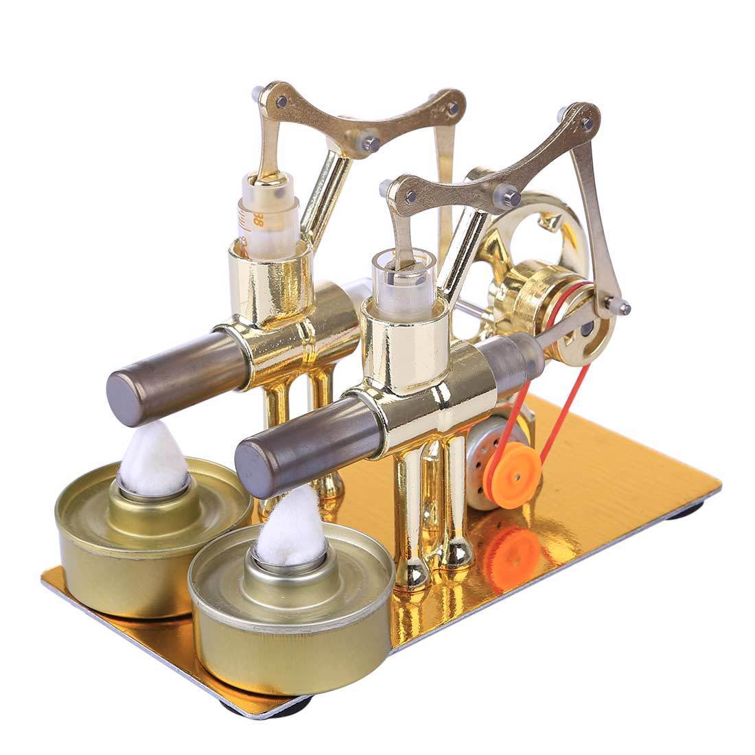 Double Cylinder Hot Air Stirling Engine Generator Model Gold Metal Physics Experiment Toy-helloworld7