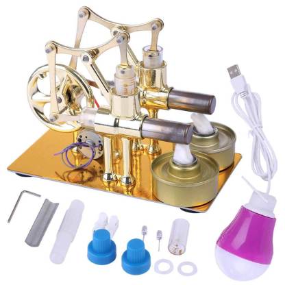 Double Cylinder Hot Air Stirling Engine Generator Model Gold Metal Physics Experiment Toy-helloworld7