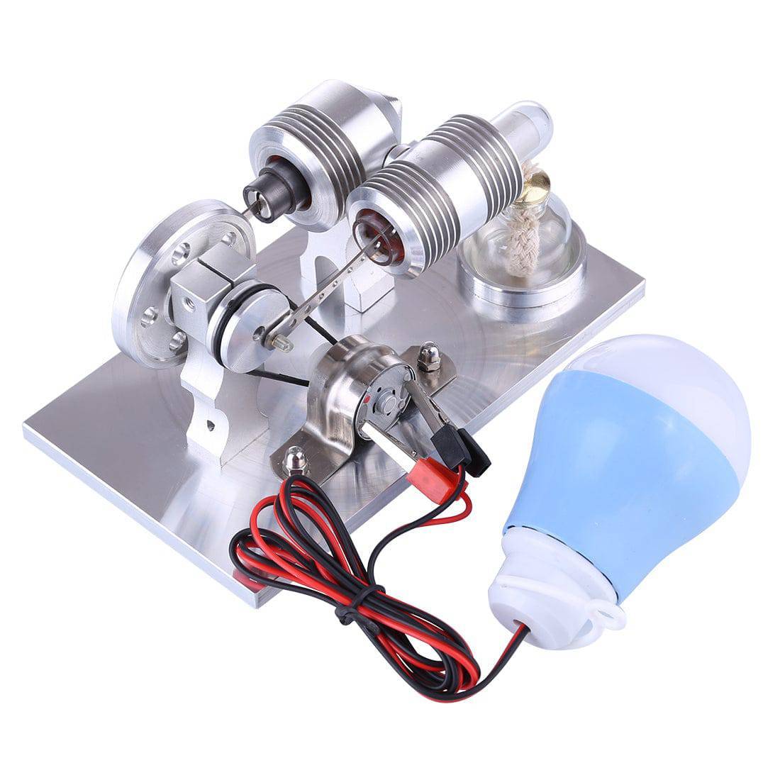 Double Cylinder Stirling Engine Generator Model Science Experiment Toy with LED Bulb