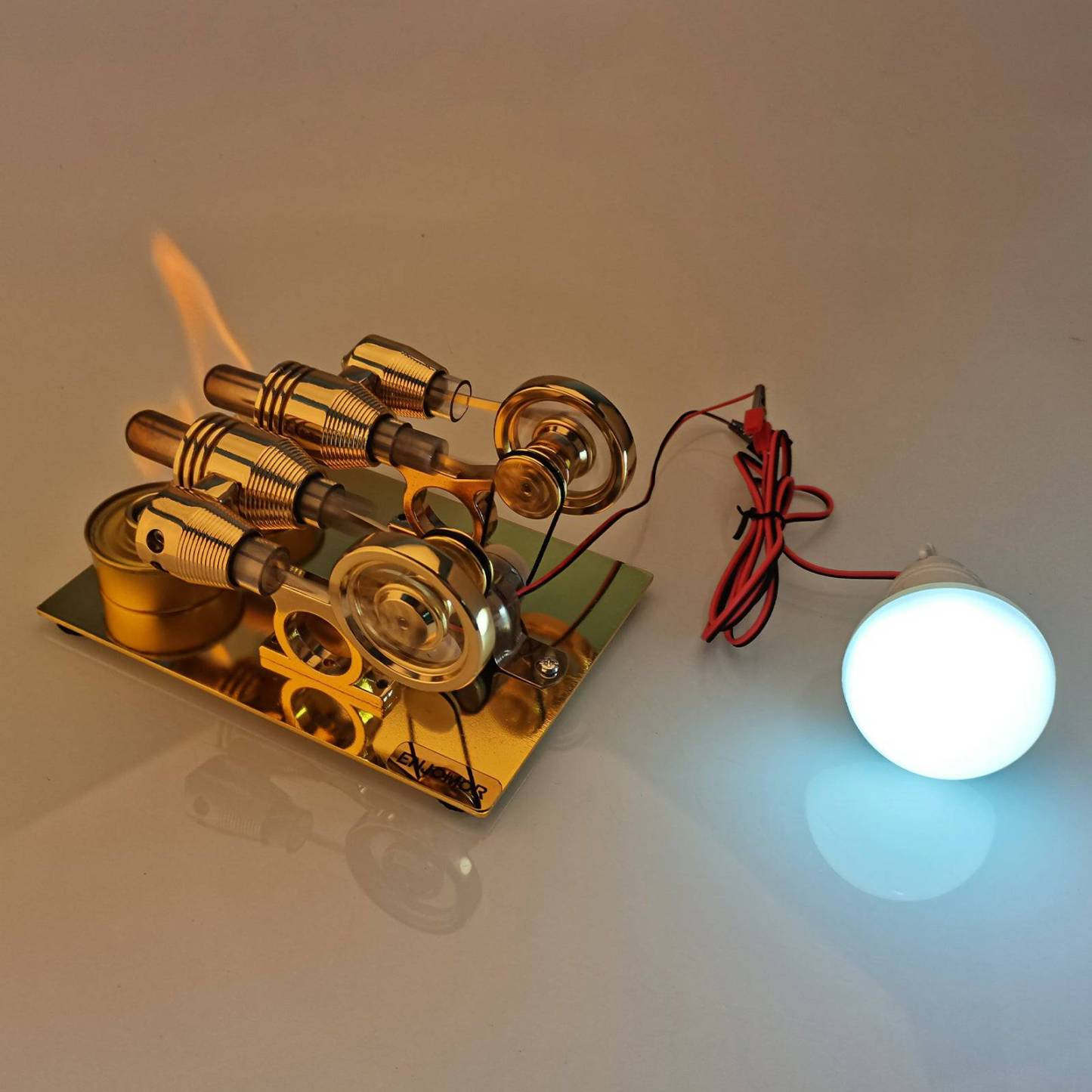 ENJOMOR 4 Cylinder Hot Air Stirling Engine Model with Voltmeter and Bulb Generator