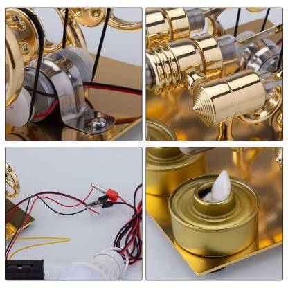 ENJOMOR 4 Cylinder Hot Air Stirling Engine Model with Voltmeter and Bulb Generator