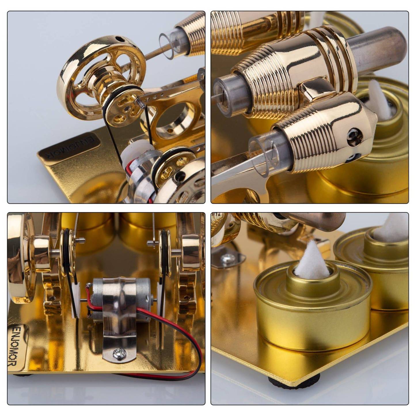 ENJOMOR 4 Cylinder Hot Air Stirling Engine Model with Voltmeter and Bulb Generator