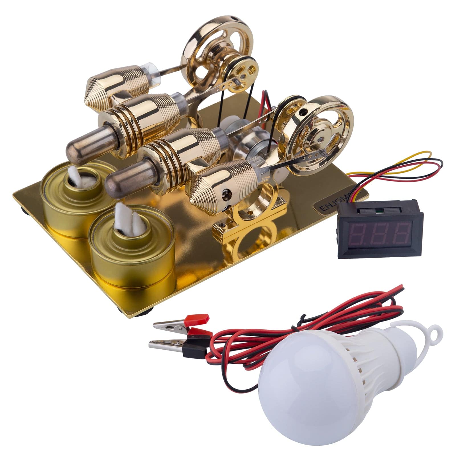 ENJOMOR 4 Cylinder Hot Air Stirling Engine Model with Voltmeter and Bulb Generator