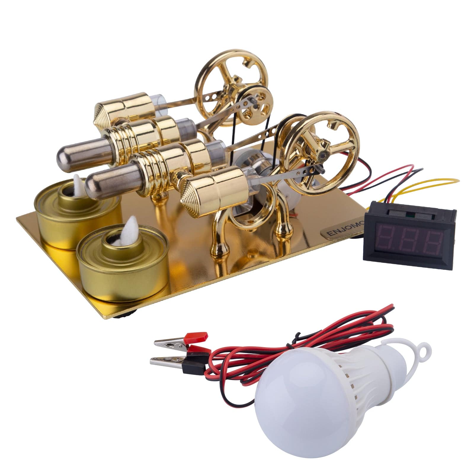ENJOMOR 4 Cylinder Hot Air Stirling Engine Model with Voltmeter and Bulb Generator