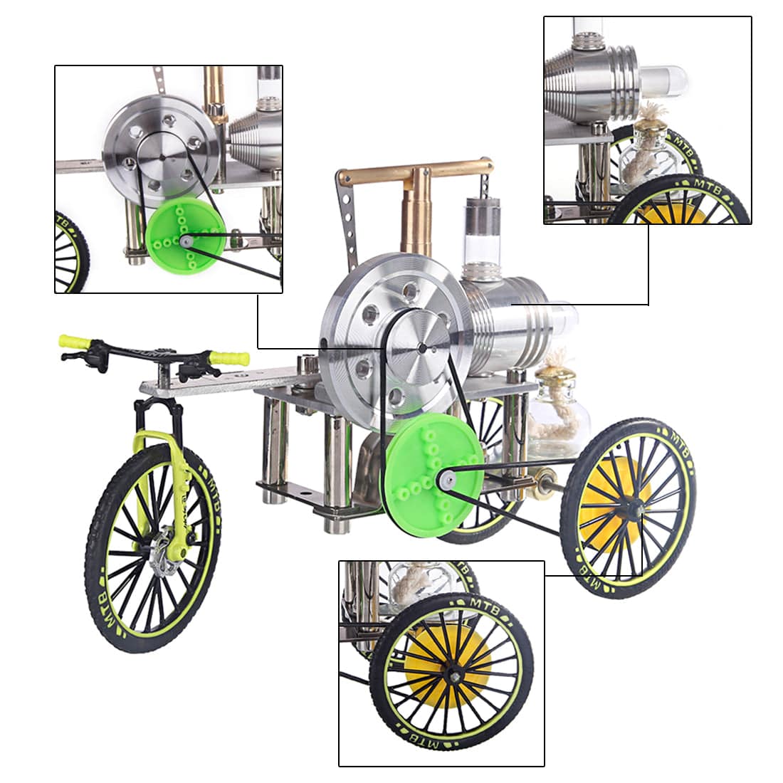 ENJOMOR Stirling Engine Tricycle Model Metal Heat Powered Trike Physics Experiment Toy