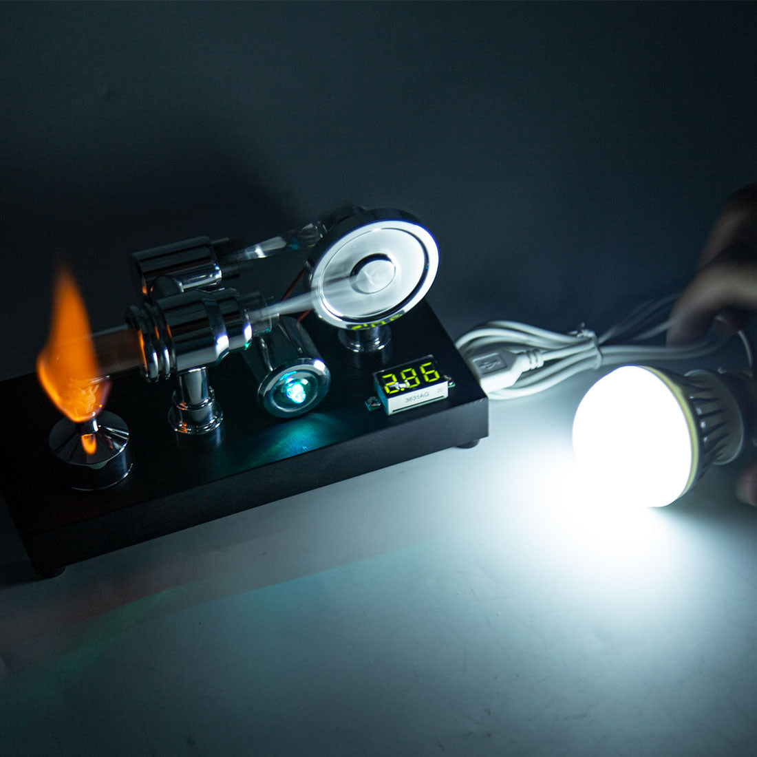 Enjomor Gamma Stirling Engine Generator Model with Voltmeter & LED Light Physics Experiment Toy