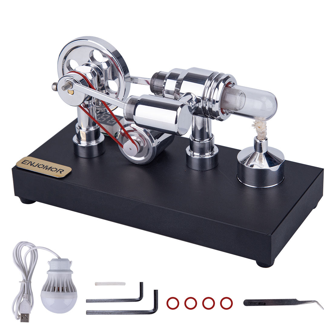 Enjomor Gamma Stirling Engine Generator Model with Voltmeter & LED Light Physics Experiment Toy