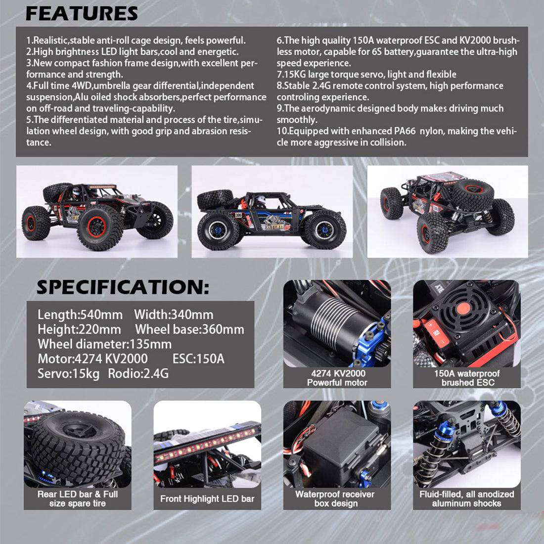 FS Racing 1/8 Scale 4WD 6S Brushless Desert Buggy 100km/h High Speed RC Car