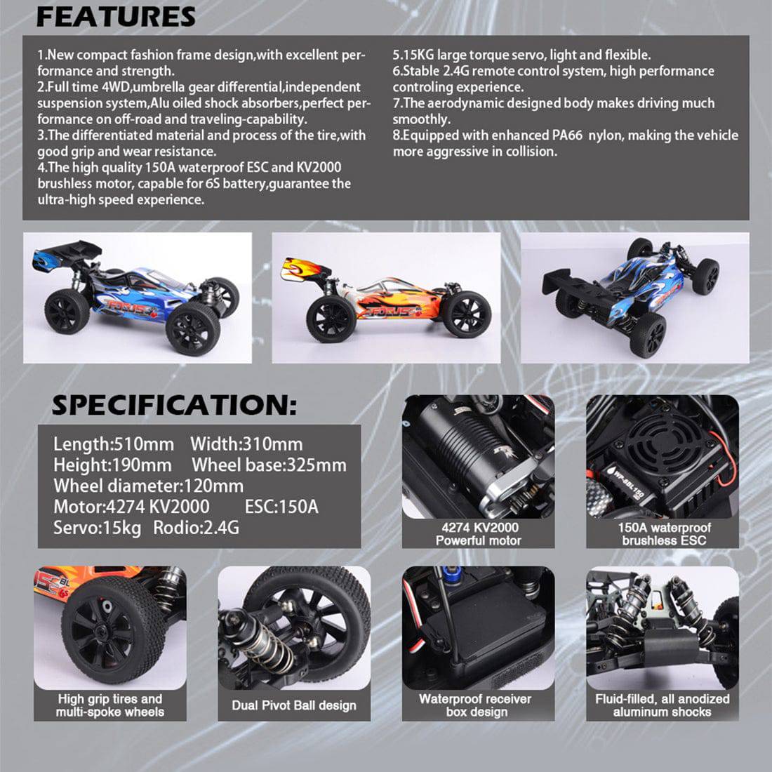 FS Racing 1:8 Scale 4WD High Speed Brushless RC Buggy RTR All-Terrain Off-Road Car