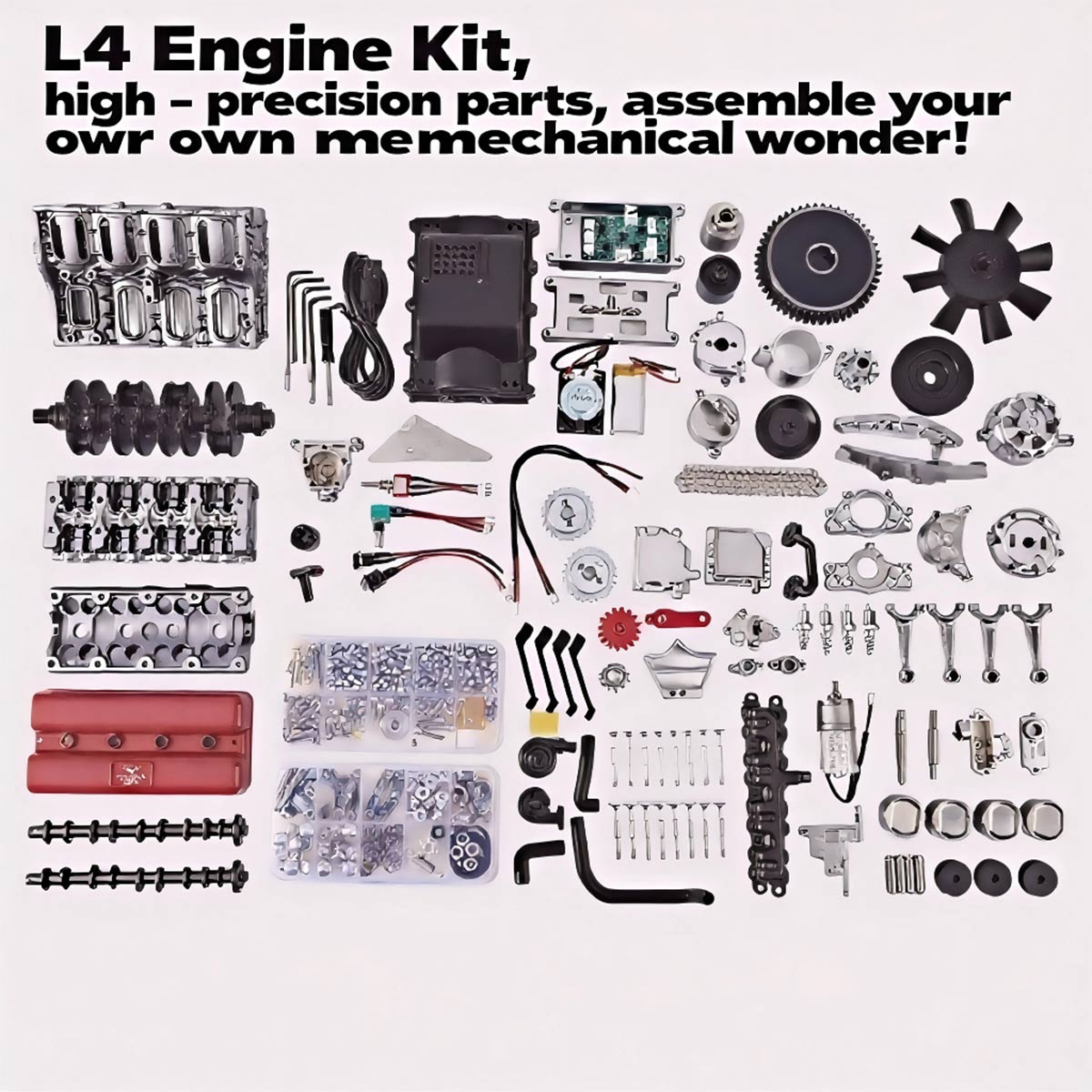 Full Metal 4-Cylinder Car Engine Assembly Kit Electric Motor Model Desk Toy Gift-helloworld7