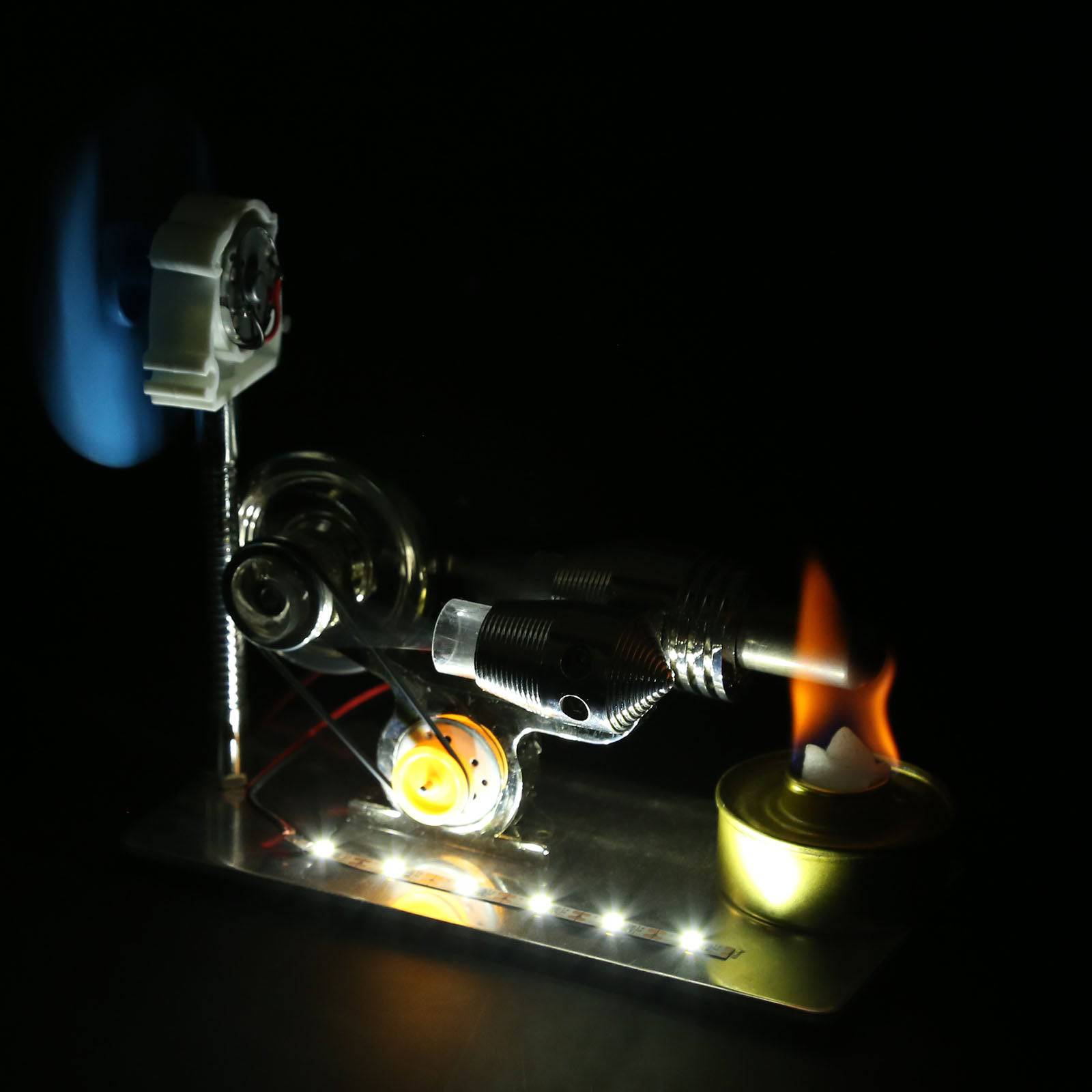 Gamma Type Stirling Engine Generator Model with LED Light & Fan Physics Science Kit