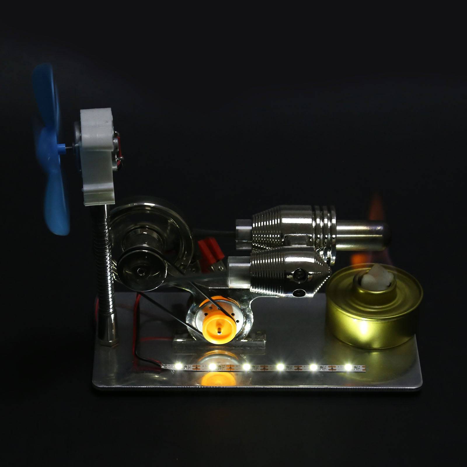 Gamma Type Stirling Engine Generator Model with LED Light & Fan Physics Science Kit