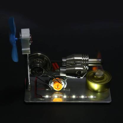 Gamma Type Stirling Engine Generator Model with LED Light & Fan Physics Science Kit