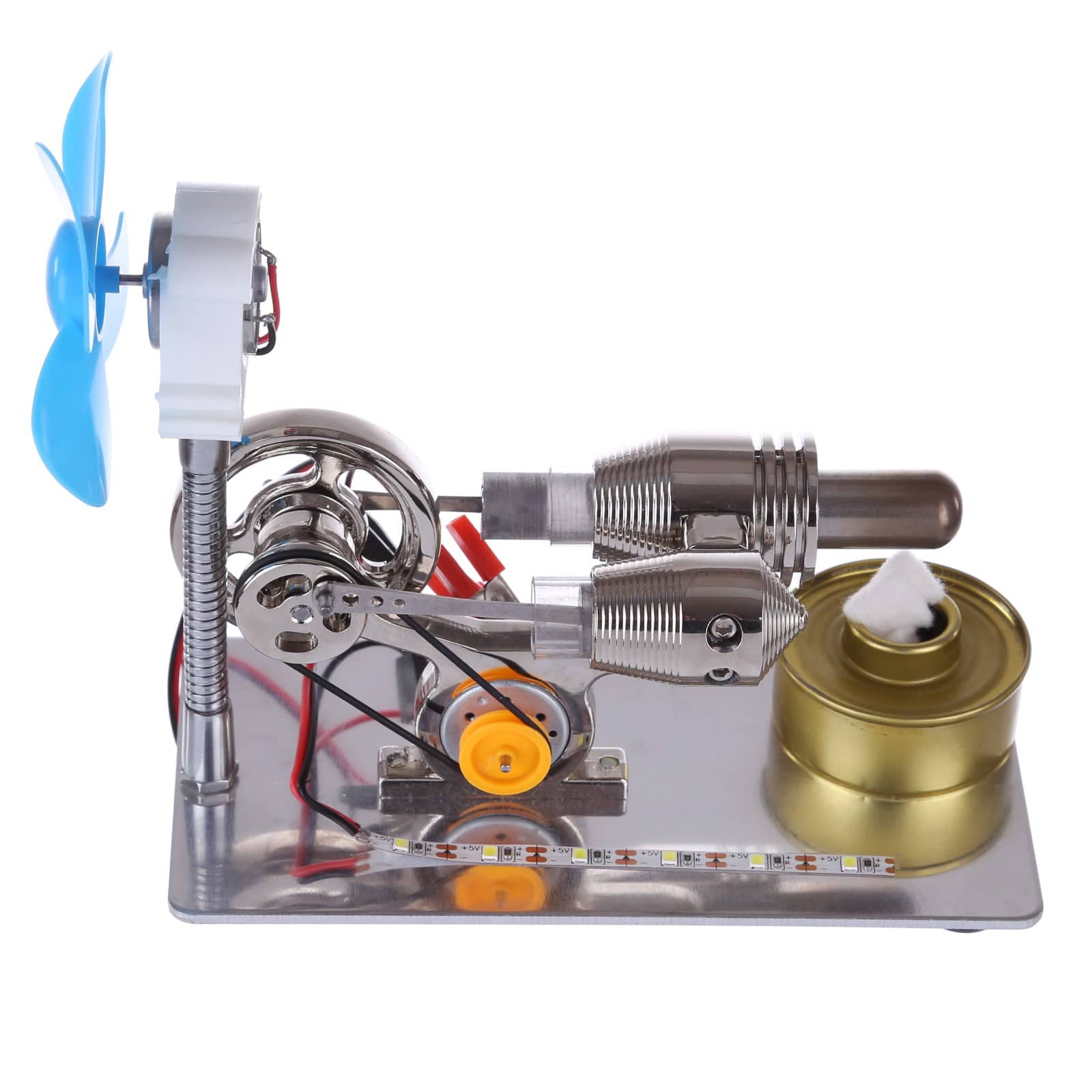 Gamma Type Stirling Engine Generator Model with LED Light & Fan Physics Science Kit