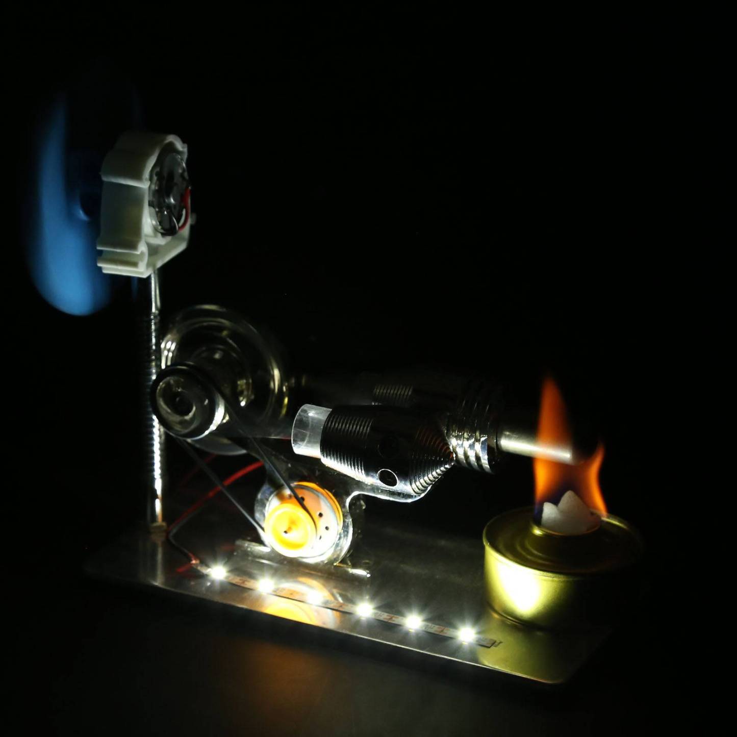 Gamma Type Stirling Engine Generator Model with LED Light & Fan Physics Science Kit
