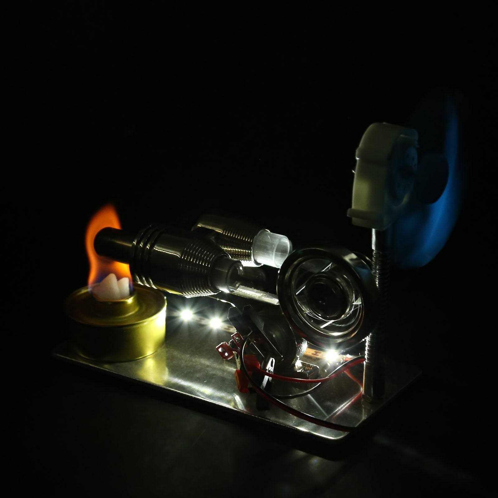 Gamma Type Stirling Engine Generator Model with LED Light & Fan Physics Science Kit