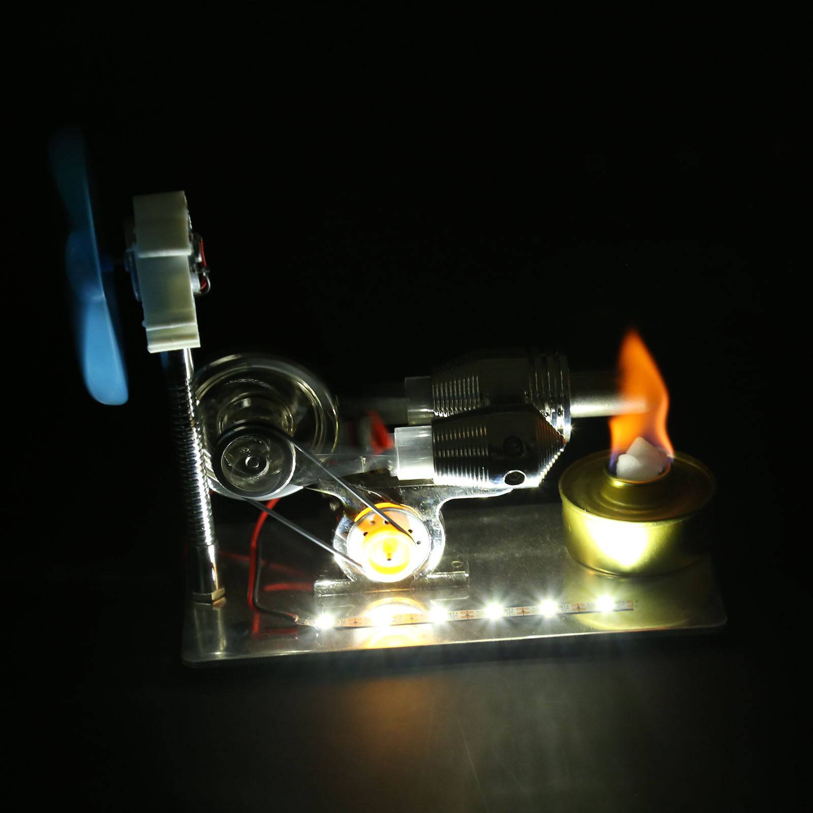 Gamma Type Stirling Engine Generator Model with LED Light & Fan Physics Science Kit