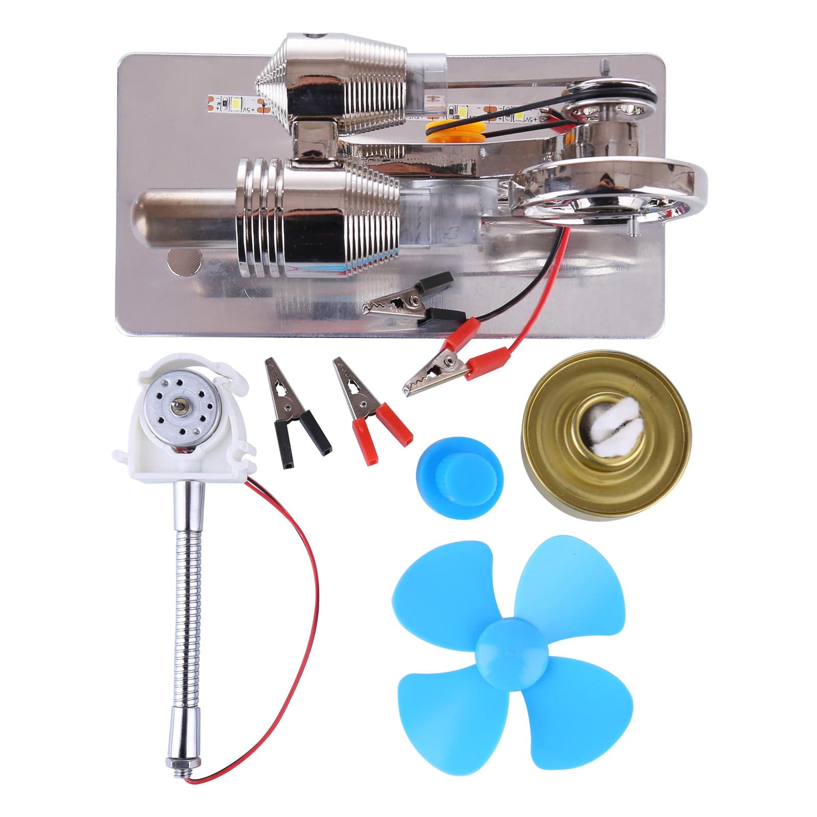 Gamma Type Stirling Engine Generator Model with LED Light & Fan Physics Science Kit